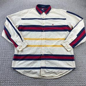 Vintage 90s Tommy Hilfiger Shirt Men XL Beige Blue Red Yellow Color Block Box